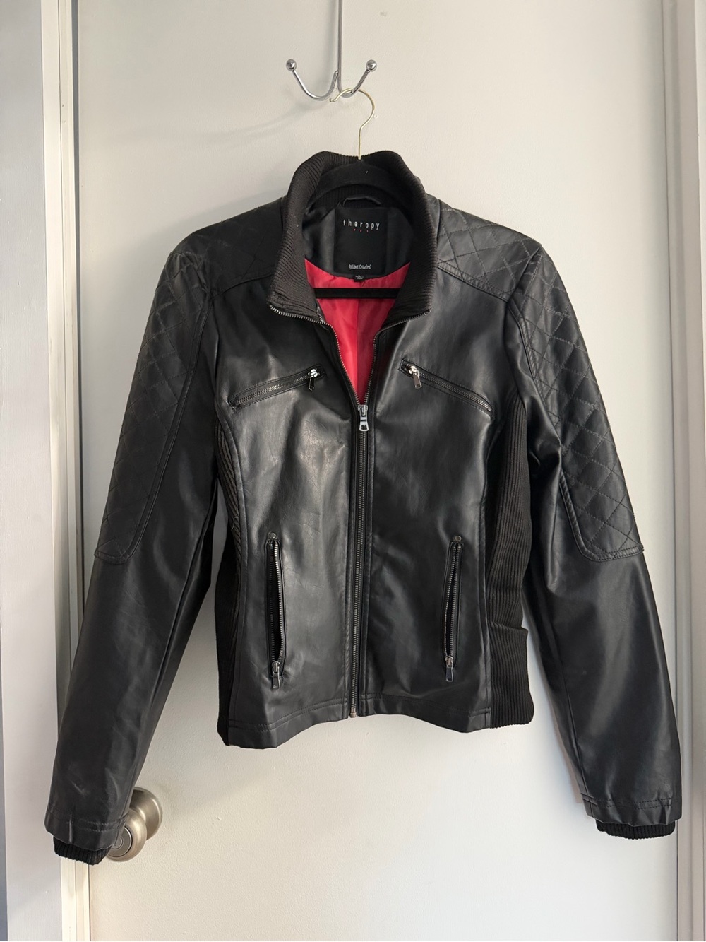 therapy Black Leather Jacket with Quilted Sleeves and Red Lining